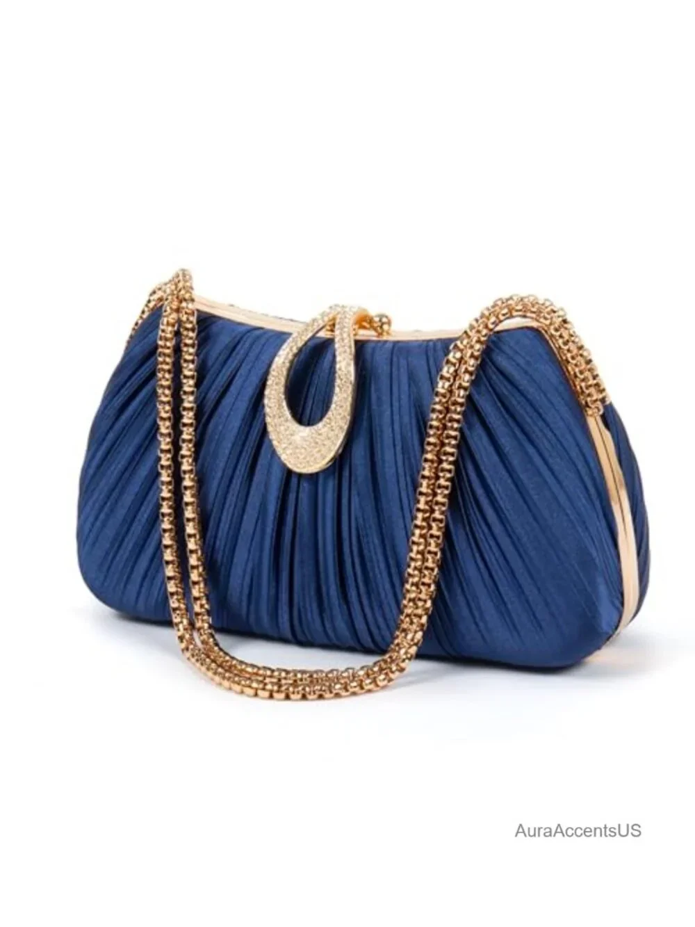 Pleated Satin Clutch Evening Bag with Rhinestone Clasp Detachable Chain Formal
